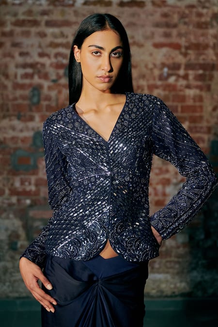 Buy Asaga Blue Tulle, Satin, Organza Beads, Jonqal Embroidered Jacket And Draped Skirt Set Online at Aza Fashions Buy_Asaga_Blue Tulle, Satin, Organza Beads, Jonqal Embroidered Jacket And Draped Skirt Set _Online_at_Aza_Fashions