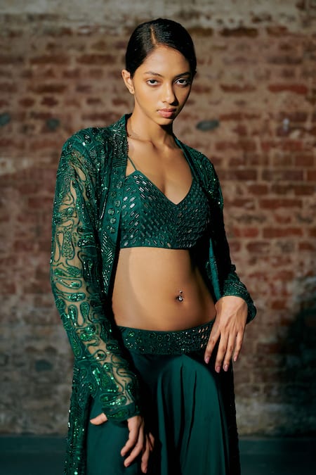 Buy_Asaga_Emerald Green Tulle Cut Work, Mirrors, Embroidery V-neck Cyme Cape Sharara Set _Online_at_Aza_Fashions