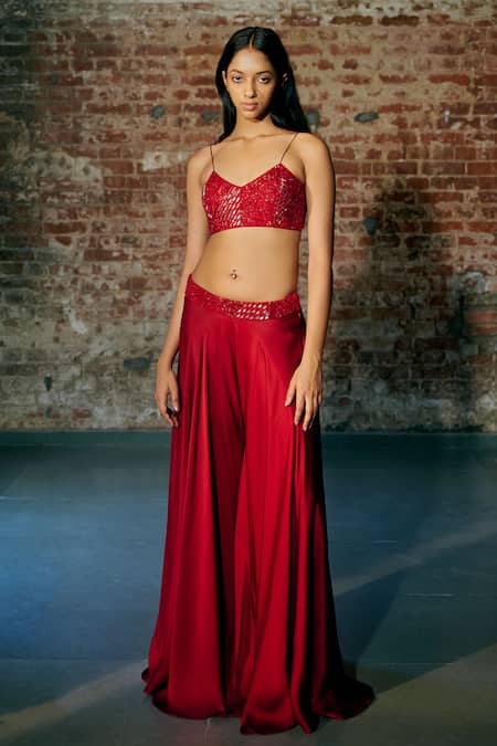 Buy_Asaga_Red Tulle Cut Work, Mirrors, Embroidery V-neck Bucky Hand Cape Sharara Set _Online_at_Aza_Fashions