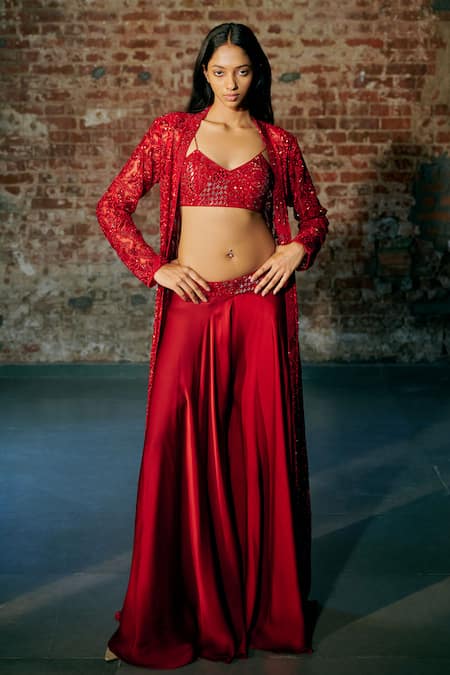 Shop_Asaga_Red Tulle Cut Work, Mirrors, Embroidery V-neck Bucky Hand Cape Sharara Set _Online_at_Aza_Fashions
