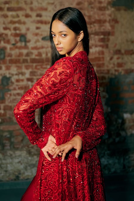 Asaga_Red Tulle Cut Work, Mirrors, Embroidery V-neck Bucky Hand Cape Sharara Set _at_Aza_Fashions