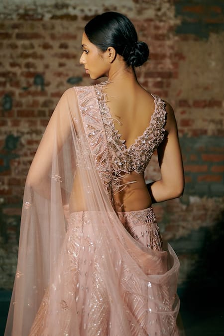 Shop Asaga Rose Gold Tulle Cut Work, Mirrors, Embroidery V-neck Swarm Hand Lehenga Set at Aza Fashions Shop_Asaga_Rose Gold Tulle Cut Work, Mirrors, Embroidery V-neck Swarm Hand Lehenga Set _at_Aza_Fashions