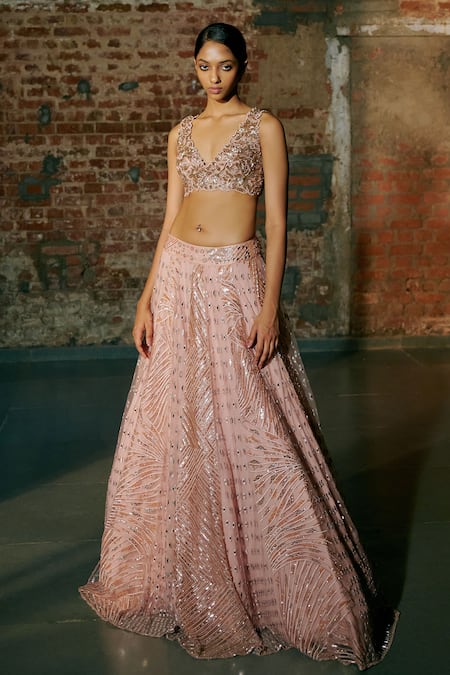 Asaga Rose Gold Tulle Cut Work, Mirrors, Embroidery V-neck Swarm Hand Lehenga Set Online at Aza Fashions Asaga_Rose Gold Tulle Cut Work, Mirrors, Embroidery V-neck Swarm Hand Lehenga Set _Online_at_Aza_Fashions