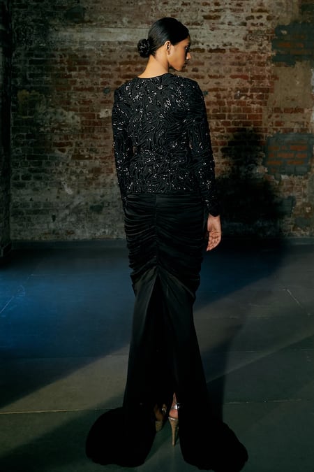 Shop Asaga Black Tulle, Satin, Organza Embroidery, Cut Ennies Jacket And Draped Skirt Set at Aza Fashions Shop_Asaga_Black Tulle, Satin, Organza Embroidery, Cut Ennies Jacket And Draped Skirt Set _at_Aza_Fashions