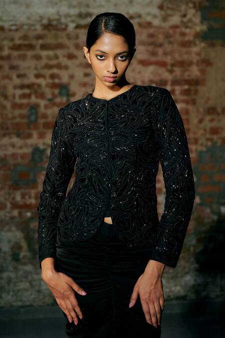 Buy Asaga Black Tulle, Satin, Organza Embroidery, Cut Ennies Jacket And Draped Skirt Set Online at Aza Fashions Buy_Asaga_Black Tulle, Satin, Organza Embroidery, Cut Ennies Jacket And Draped Skirt Set _Online_at_Aza_Fashions