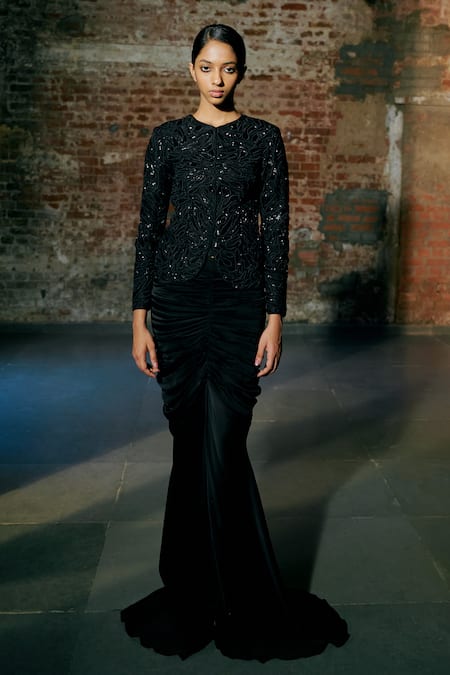 Shop Asaga Black Tulle, Satin, Organza Embroidery, Cut Ennies Jacket And Draped Skirt Set Online at Aza Fashions Shop_Asaga_Black Tulle, Satin, Organza Embroidery, Cut Ennies Jacket And Draped Skirt Set _Online_at_Aza_Fashions