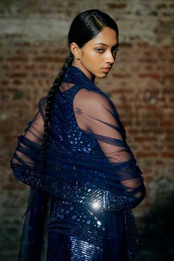 Buy_Asaga_Blue Tulle Cut Work, Mirrors, Embroidery Round Neck Stream Hand Kurta Set _Online_at_Aza_Fashions