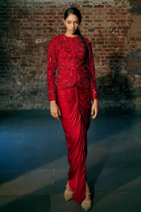 Asaga Red Tulle, Satin, Organza Cut Work Fesc Embroidered Jacket And Draped Skirt Set Online at Aza Fashions Asaga_Red Tulle, Satin, Organza Cut Work Fesc Embroidered Jacket And Draped Skirt Set _Online_at_Aza_Fashions