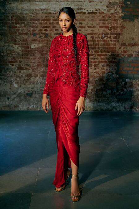 Buy Asaga Red Tulle, Satin, Organza Cut Work Fesc Embroidered Jacket And Draped Skirt Set Online at Aza Fashions Buy_Asaga_Red Tulle, Satin, Organza Cut Work Fesc Embroidered Jacket And Draped Skirt Set _Online_at_Aza_Fashions