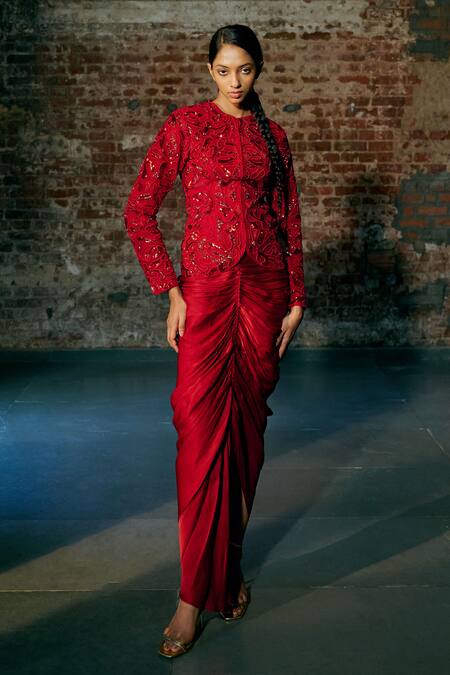 Shop Asaga Red Tulle, Satin, Organza Cut Work Fesc Embroidered Jacket And Draped Skirt Set Online at Aza Fashions Shop_Asaga_Red Tulle, Satin, Organza Cut Work Fesc Embroidered Jacket And Draped Skirt Set _Online_at_Aza_Fashions