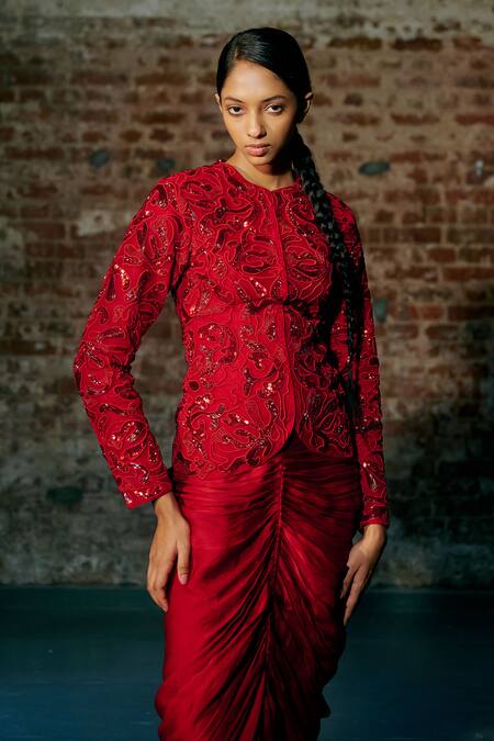 Asaga Red Tulle, Satin, Organza Cut Work Fesc Embroidered Jacket And Draped Skirt Set at Aza Fashions Asaga_Red Tulle, Satin, Organza Cut Work Fesc Embroidered Jacket And Draped Skirt Set _at_Aza_Fashions