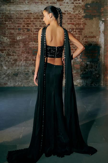 Shop Asaga Black Tulle, Satin, Organza Cut Work Flutter Hand Embroidered Blouse Lehenga Set at Aza Fashions Shop_Asaga_Black Tulle, Satin, Organza Cut Work Flutter Hand Embroidered Blouse Lehenga Set _at_Aza_Fashions