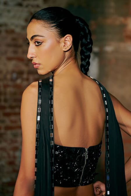 Asaga Black Tulle, Satin, Organza Cut Work Flutter Hand Embroidered Blouse Lehenga Set at Aza Fashions Asaga_Black Tulle, Satin, Organza Cut Work Flutter Hand Embroidered Blouse Lehenga Set _at_Aza_Fashions