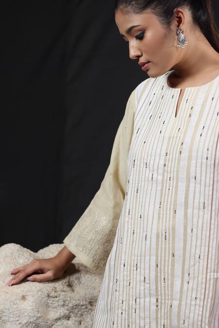 Beige_Off White Chanderi, , Striped Hand Block Print Kurta And Pant Set _Online_at_Aza_Fashions