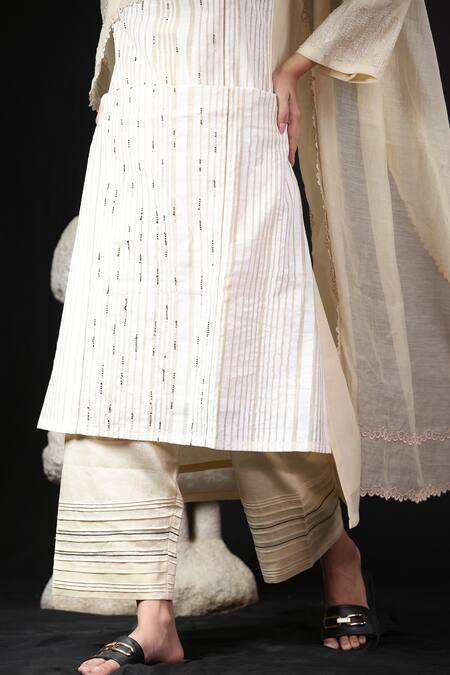 Buy_Beige_Off White Chanderi, , Striped Hand Block Print Kurta And Pant Set _Online_at_Aza_Fashions