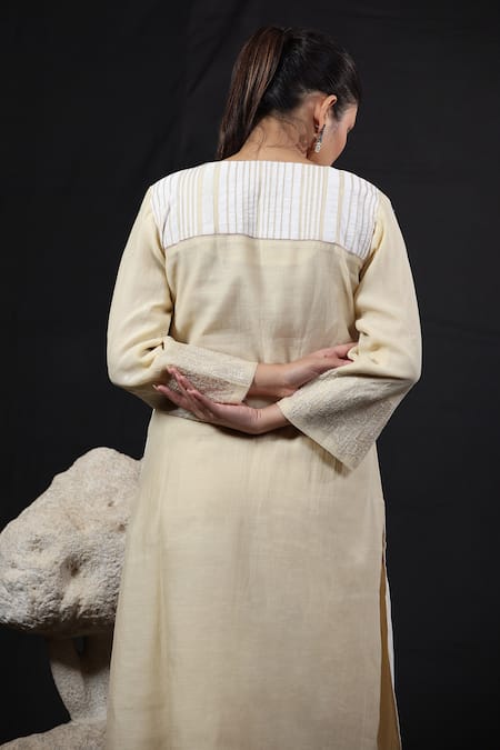 Beige Striped Hand Block Print Kurta & Pant Set 