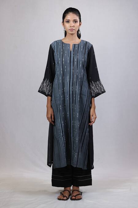 Beige_Black Chanderi, Cotton Satin Sequins Split Striped Hand Block Print Kurta Set _Online_at_Aza_Fashions