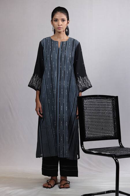 Buy_Beige_Black Chanderi, Cotton Satin Sequins Split Striped Hand Block Print Kurta Set _Online_at_Aza_Fashions