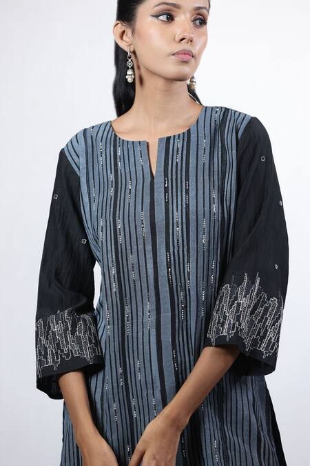 Shop_Beige_Black Chanderi, Cotton Satin Sequins Split Striped Hand Block Print Kurta Set _Online_at_Aza_Fashions