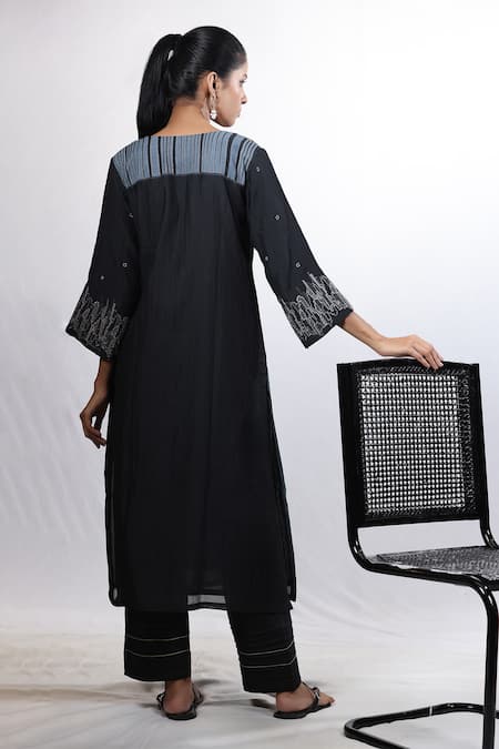 Beige Black Striped Hand Block Print Kurta Set 