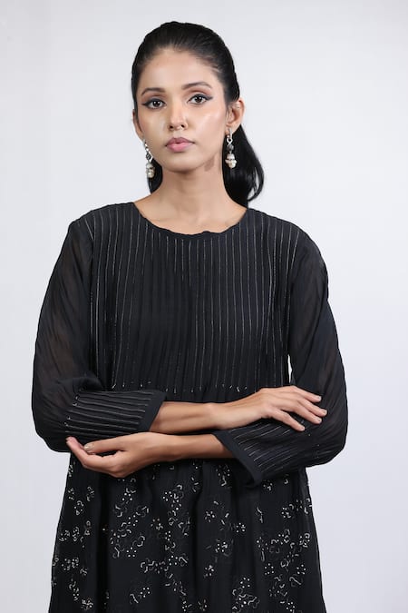 Beige_Black Chanderi, Cotton Satin Floral Embroidered Pintucked Kurta And Pant Set _Online_at_Aza_Fashions