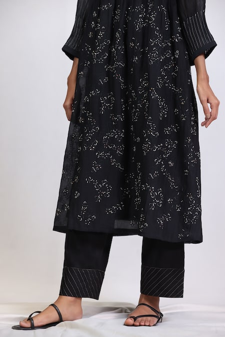 Shop_Beige_Black Chanderi, Cotton Satin Floral Embroidered Pintucked Kurta And Pant Set _Online_at_Aza_Fashions