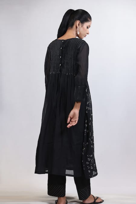 Beige Floral Embroidered Pintucked Kurta & Pant Set 