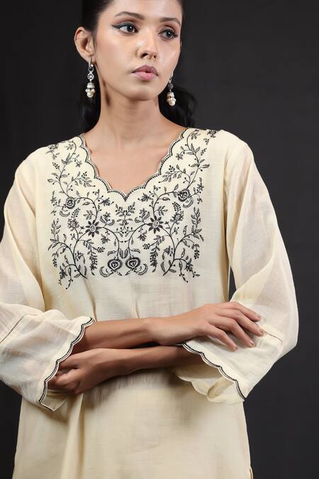 Beige_Off White Chanderi, Cotton Satin Sequins, Mirrors, Floral Kurta And Pant Set_Online_at_Aza_Fashions