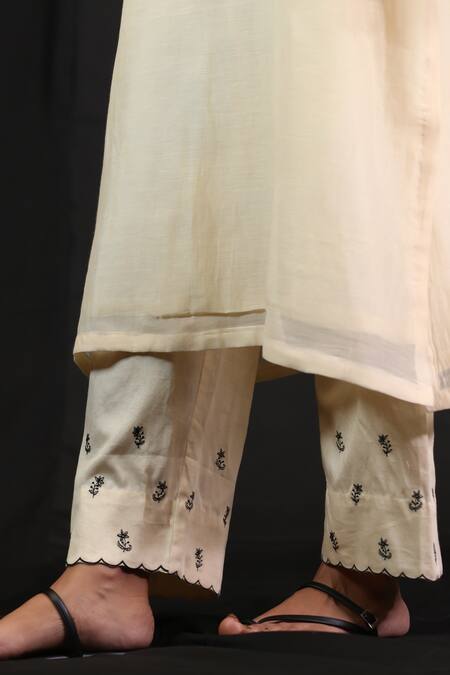 Beige_Off White Chanderi, Cotton Satin Sequins, Mirrors, Floral Kurta And Pant Set_at_Aza_Fashions