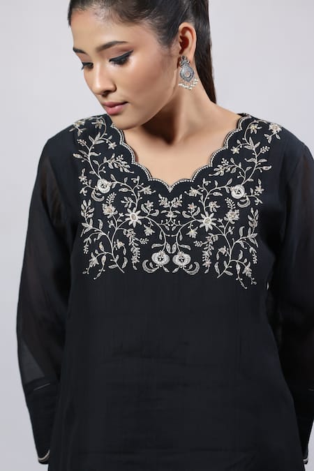 Beige_Black Chanderi, Satin, Embroidery, Sequins Floral Kurta With Pant_Online_at_Aza_Fashions