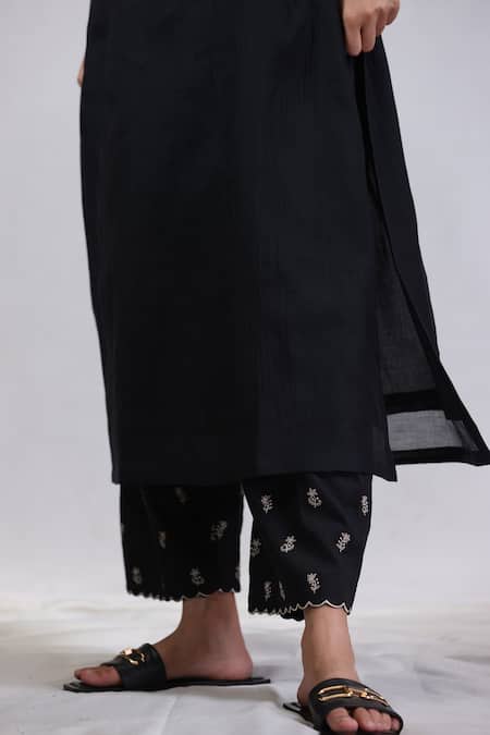 Buy_Beige_Black Chanderi, Satin, Embroidery, Sequins Floral Kurta With Pant_Online_at_Aza_Fashions