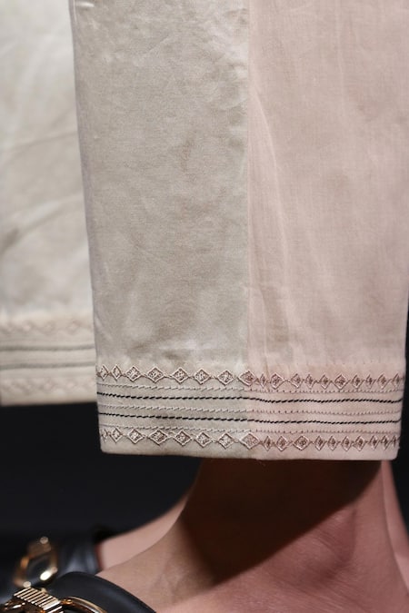 Beige_Off White Chanderi, , Satin Sequins, Side Gathered Kurta With Pant _Online_at_Aza_Fashions