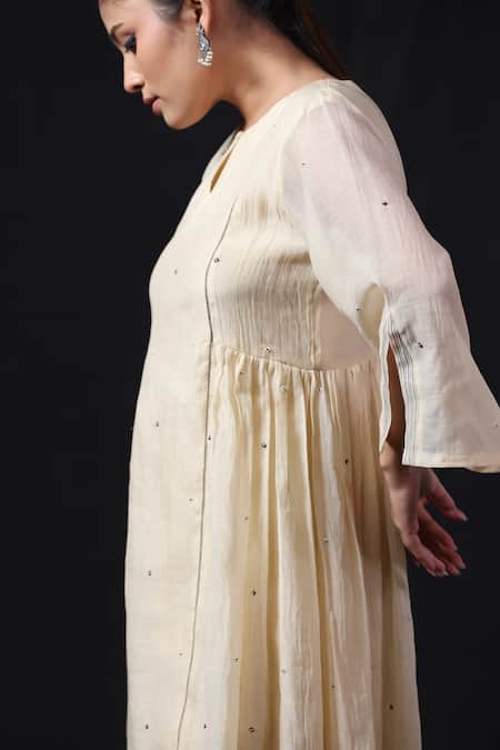Shop_Beige_Off White Chanderi, , Satin Sequins, Side Gathered Kurta With Pant _Online_at_Aza_Fashions