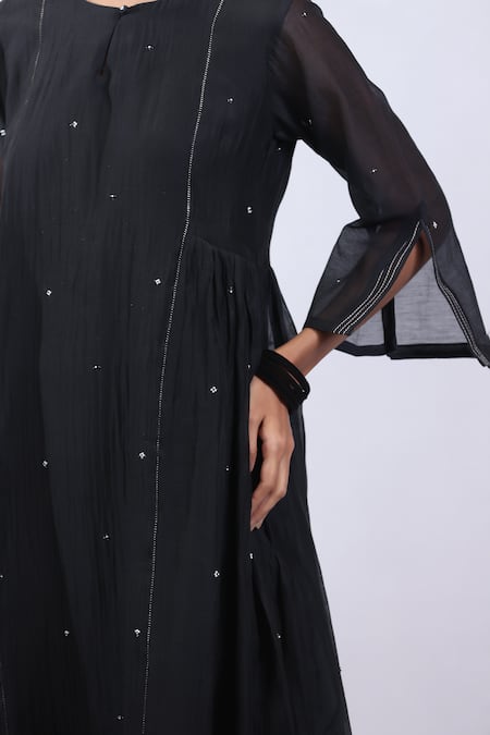 Beige_Black Chanderi, Cotton Satin Sequins, Mirrors, Side Gathered Kurta And Pant Set _Online_at_Aza_Fashions