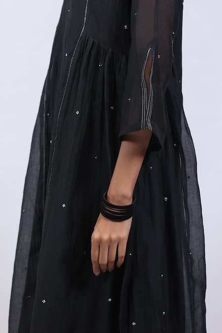 Buy_Beige_Black Chanderi, Cotton Satin Sequins, Mirrors, Side Gathered Kurta And Pant Set _Online_at_Aza_Fashions