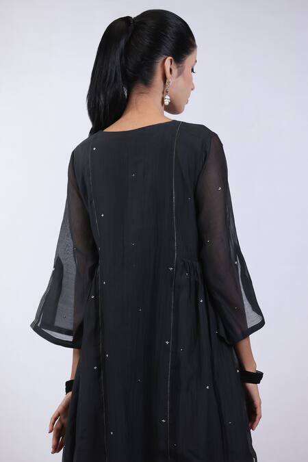 Shop_Beige_Black Chanderi, Cotton Satin Sequins, Mirrors, Side Gathered Kurta And Pant Set _Online_at_Aza_Fashions