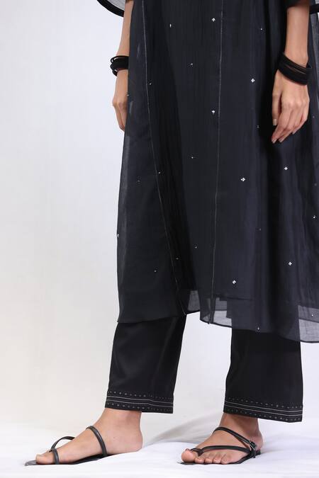 Beige_Black Chanderi, Cotton Satin Sequins, Mirrors, Side Gathered Kurta And Pant Set _at_Aza_Fashions