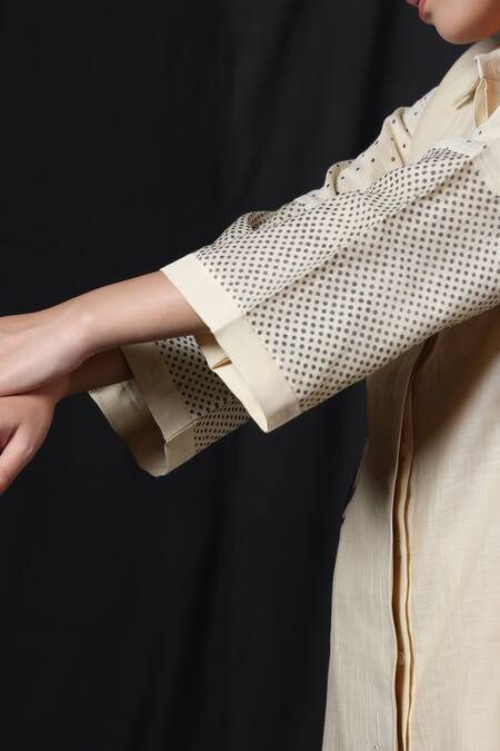 Buy_Beige_Off White Chanderi, , Satin Floral Block Print Tunic And Pant Set _Online_at_Aza_Fashions