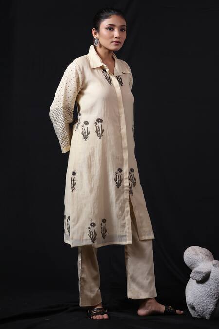 Shop_Beige_Off White Chanderi, , Satin Floral Block Print Tunic And Pant Set _Online_at_Aza_Fashions