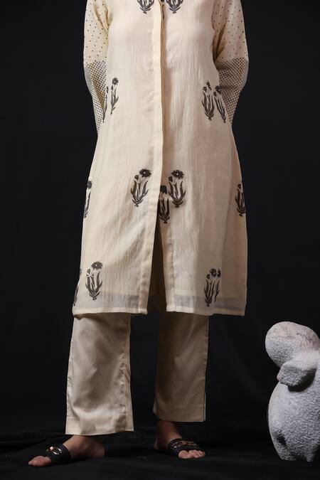 Beige_Off White Chanderi, , Satin Floral Block Print Tunic And Pant Set _at_Aza_Fashions
