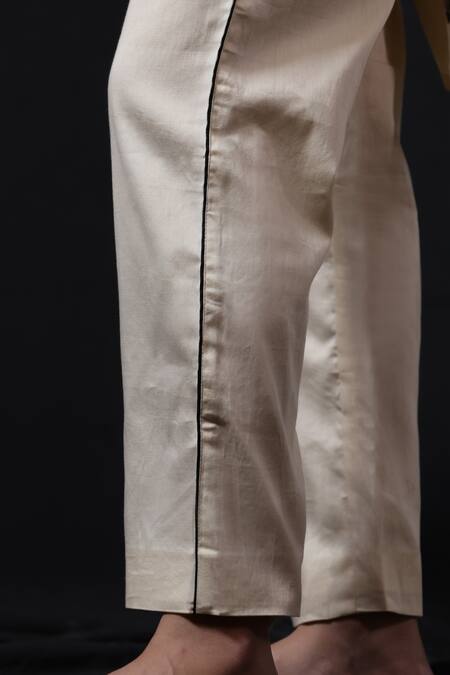 Buy_Beige_Off White Chanderi, , Satin Floral Block Print Tunic And Pant Set 