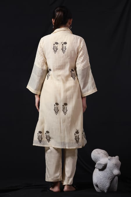 Beige Floral Block Print Tunic & Pant Set 