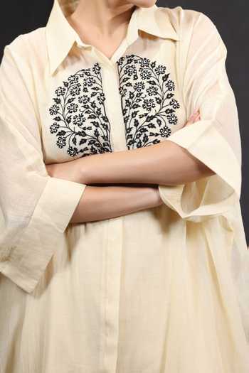 Beige_Off White Chanderi, Cotton Satin Floral Vine Embroidered Kaftan And Pant Set_Online_at_Aza_Fashions