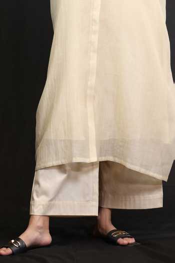 Buy_Beige_Off White Chanderi, Cotton Satin Floral Vine Embroidered Kaftan And Pant Set_Online_at_Aza_Fashions