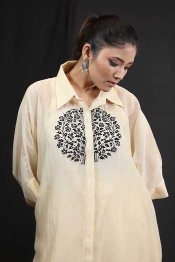Shop_Beige_Off White Chanderi, Cotton Satin Floral Vine Embroidered Kaftan And Pant Set_Online_at_Aza_Fashions