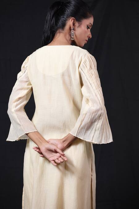 Buy_Beige_Off White Chanderi, Satin, Gathered Sleeve Kurta And Pant Set _Online_at_Aza_Fashions