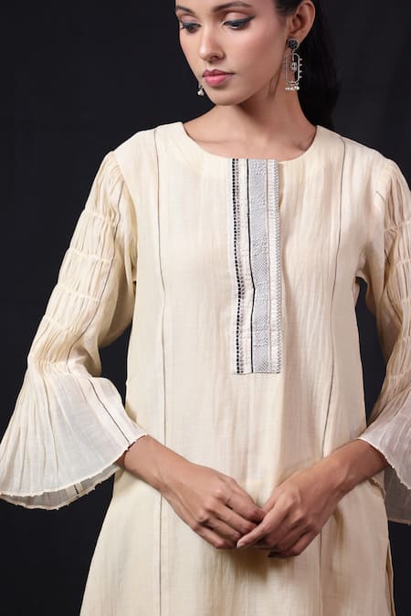Shop_Beige_Off White Chanderi, Satin, Gathered Sleeve Kurta And Pant Set _Online_at_Aza_Fashions