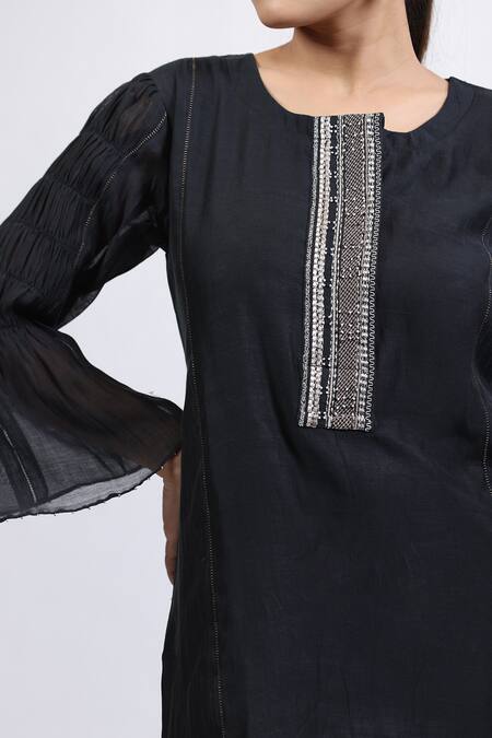 Beige_Black Chanderi, , Satin Sequins Gathered Sleeve Kurta And Pant Set _Online_at_Aza_Fashions