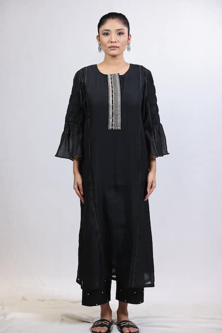 Buy_Beige_Black Chanderi, , Satin Sequins Gathered Sleeve Kurta And Pant Set _Online_at_Aza_Fashions