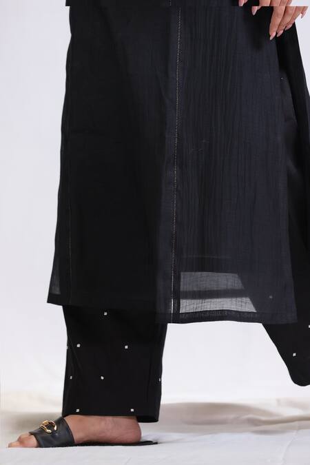 Beige_Black Chanderi, , Satin Sequins Gathered Sleeve Kurta And Pant Set _at_Aza_Fashions